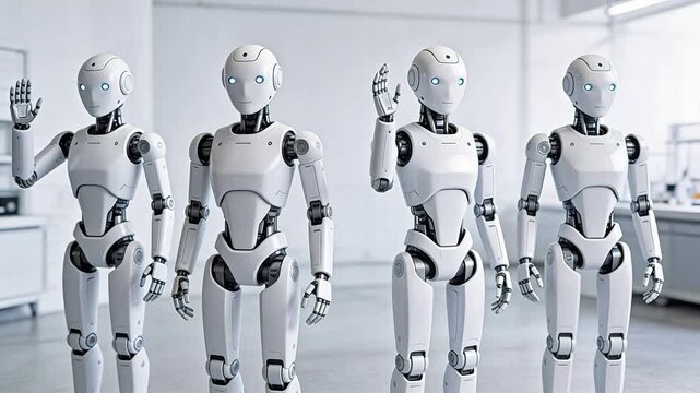 Four humanoid robots in a row