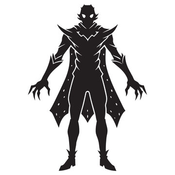 Black silhouette of a mysterious caped figure with sharp fantasy warrior or villain character, comic book style isolated on a white background, standing pose