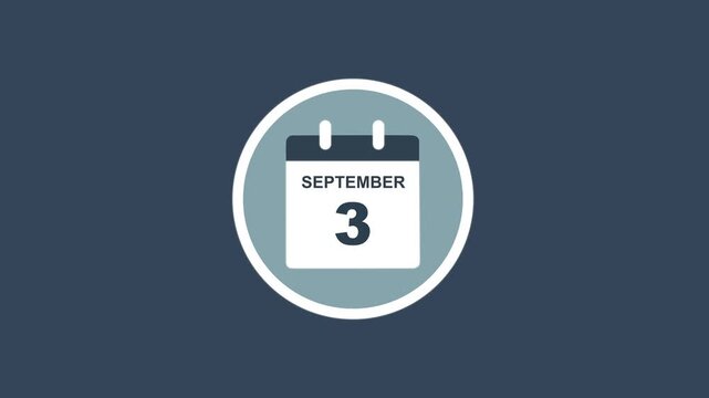 September 3 Date - modern calendar showcase within circle - blue background. Calendar date September 3 icon animation with flat design, schedule reminder, event planning and appointment concept.