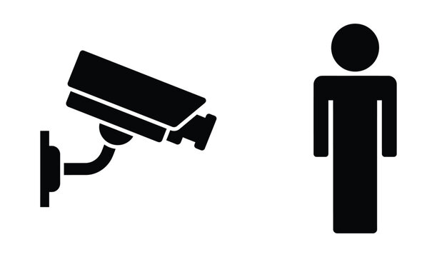 Black and white icon of security camera and person silhouette for surveillance, privacy, or safety concept illustration