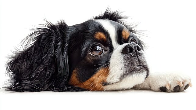 Cavalier King Charles Spaniel resting, white background. Pet portrait for websites