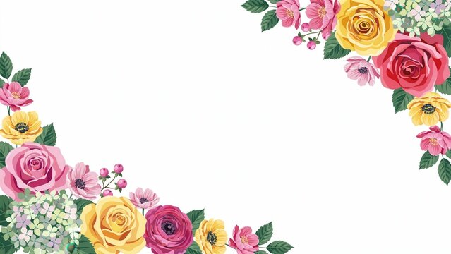 Colorful spring floral frame with rose and hydrangea isolated on white background