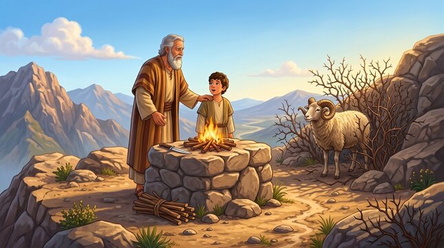 Biblical scene of Abraham and Isaac preparing for sacrifice with ram nearby on mountain top