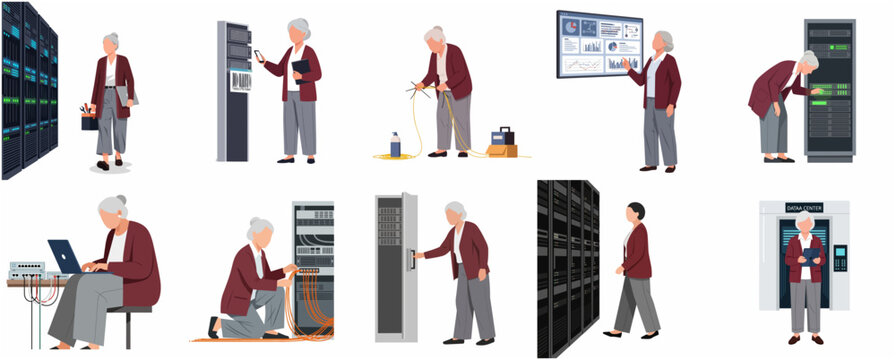 Senior female IT engineer working in data center server room, technician performing maintenance and monitoring tasks vector illustrations