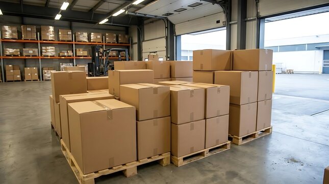 Cardboard boxes stacked on pallets in warehouse loading dock area