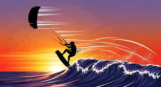 Kitesurfer riding wave at sunset.