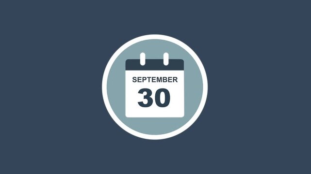 September 30 Date - modern calendar showcase within circle - blue background. Calendar date September 30 icon animation with flat design, schedule reminder, event planning and appointment concept.