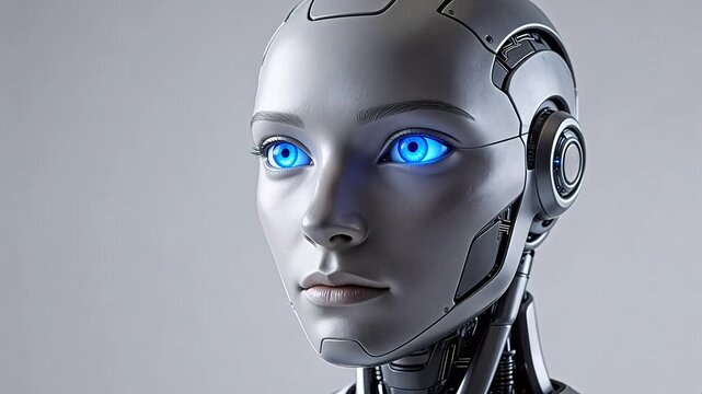 Humanoid robot with glowing blue eyes