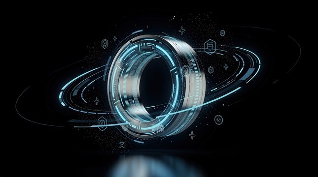 A futuristic digital ring surrounded by glowing data and tech symbols on a dark background, symbolizing advanced technology and innovation.