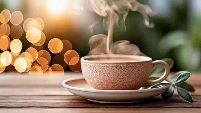 Steaming cup of hot beverage on wooden table