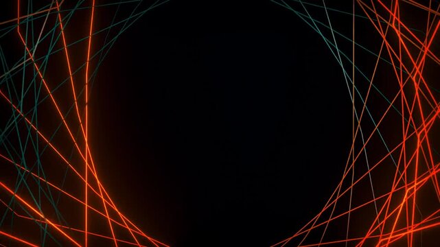 Abstract circular tunnel of overlapping red and teal neon laser lines spinning quickly. Hypnotic visual effect.