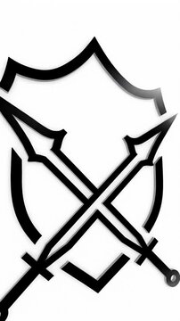 Minimalist shield and crossed spears icon on white background