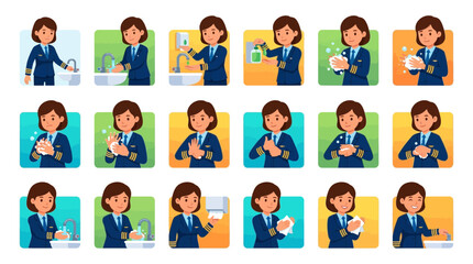 Fototapeta premium Flight Attendant Demonstrates Hand Washing Steps for Hygiene and Safety