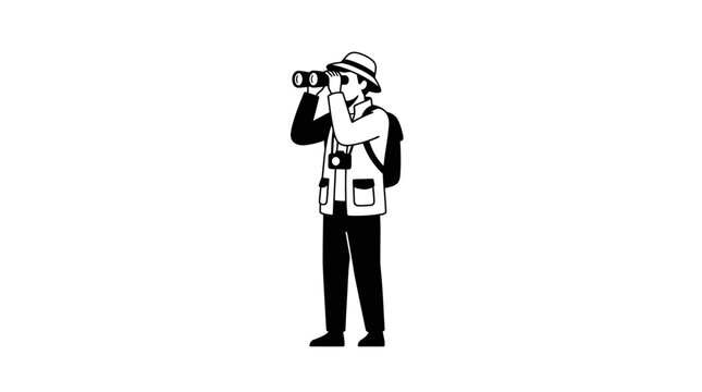 Black and White Illustration of a Birdwatcher or Explorer with Binoculars