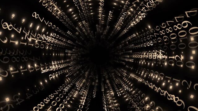 Futuristic 3D tunnel animation made of glowing golden binary digital matrix numbers falling into darkness. Tech background loop.