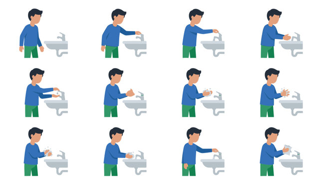 Step-by-step illustration of a boy washing hands under a faucet in a bathroom sink.