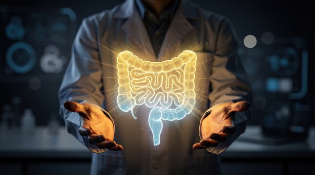 A doctor presents a glowing digital illustration of the human digestive system, focusing on the intestines, symbolizing medical research and gastrointestinal health.