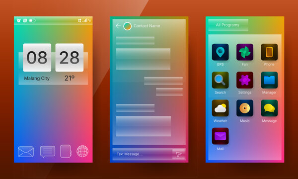 Smartphone mobile application user interface kit with home screen, chat, and app drawer