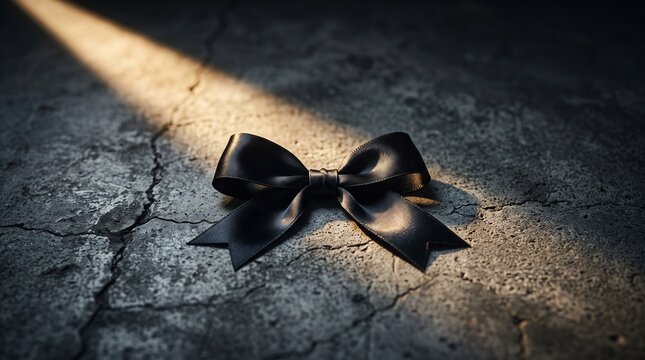 Black ribbon on rough cracked concrete with a single golden sun ray, concept for Black Ribbon Day memorial.