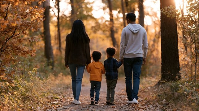 A vibrant family strolls through a richly colored autumn forest path bathed in the soft golden glow of late afternoon light