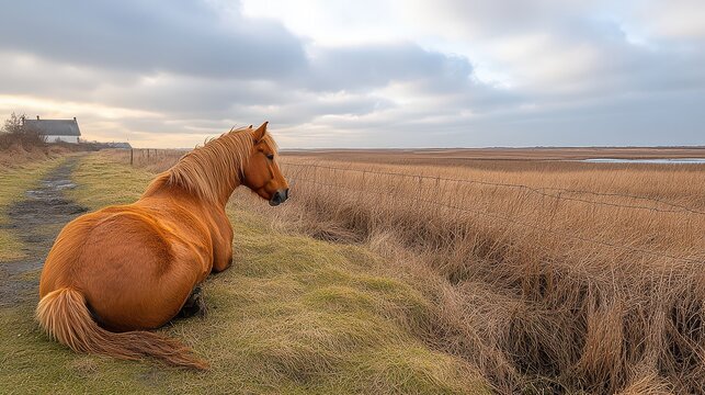 Chestnut horse resting, coastal marsh, cloudy sky, tranquil scene