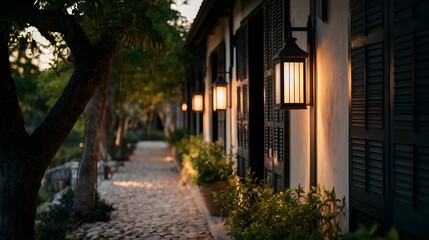 Fototapeta premium A charming vintage village walkway illuminated by soft evening lanterns highlighting rustic wooden shutters and natural architecture