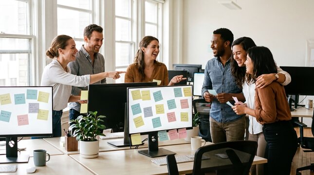 team building activities, an office team joyfully shares anonymous compliment notes on sticky notes
