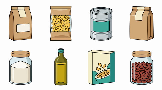 Various non-perishable pantry items and basic food supplies for cooking and meal preparation, representing grocery shopping, food storage, donation, and essentials for households