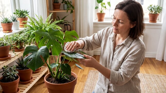 indoor gardening practices, a dedicated individual nurturing indoor plants with a focused expression