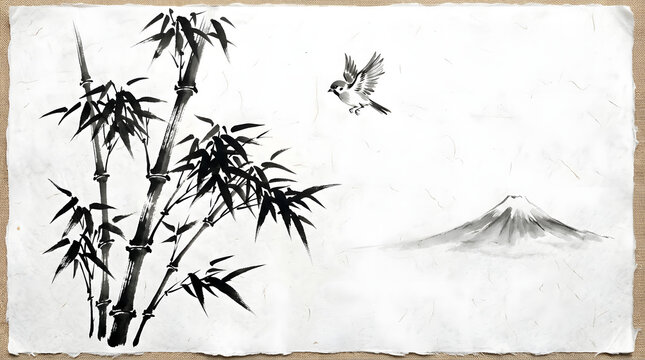 "Traditional sumi-e style ink painting of bamboo and a distant mountain, with a small bird in flight. Simple black ink on white rice paper, minimal composition, powerful brush strokes, negative space.