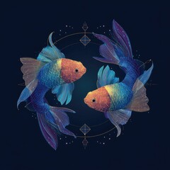 Fototapeta premium Two stylized fish in an artistic illustration, with detailed fins and colors, forming a circle