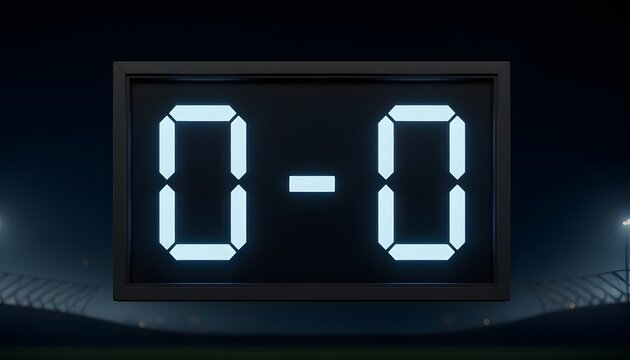 stadium scoreboard displaying a simple 0 - 0 layout with clean LED numbers representing match kickoff, scoreless draw, athletic competition start,