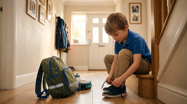 A young schoolboy ties his shoelaces before leaving for school on a bright autumn morning. This everyday family routine reflects independence, preparation, and confidence for a successful school day.