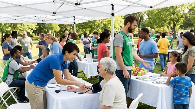 Community health fair event outdoors with diverse people interacting