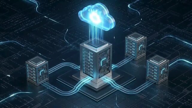 An isometric 3d server network visualization with fiber optic links to cloud hub for efficient cloud migration from legacy systems