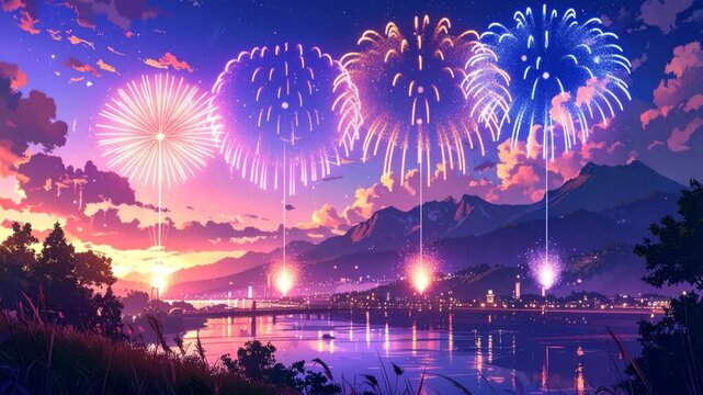 夕暮れの湖畔に咲く幻想的な夏の花火 アニメ風背景動画
