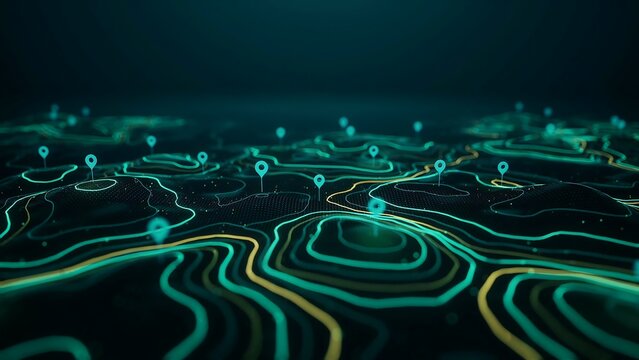 Futuristic digital landscape with glowing blue and yellow topographic lines and location markers on a dark background