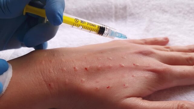 Macro shot of a syringe held over a hand already covered in small injection marks and papules. Bright natural light, professional medical environment.