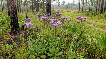 Fototapeta premium Purple wildflowers blooming in a forest clearing with green grass and charred tree trunks visible
