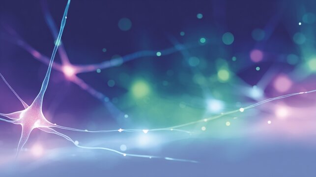3D neuron synapse cell on purple blue green aurora bokeh science