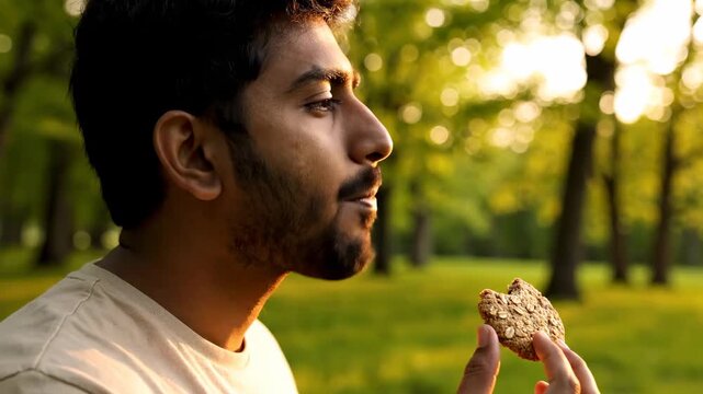 Young Man Enjoying a Healthy Snack, Side Profile of a Man Eating an Oatmeal Cookie in a Sunlit Park During Golden Hour, Ideal for Wellness and Healthy Lifestyle Content.