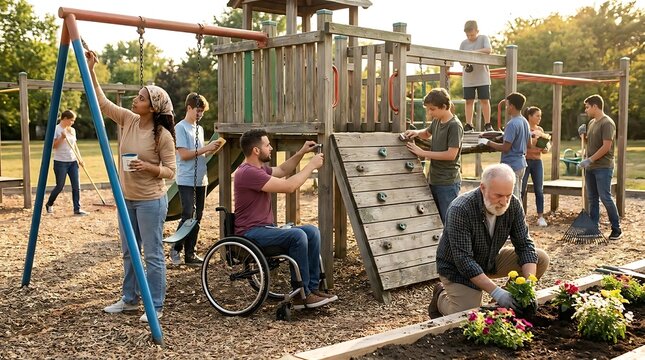 Community volunteers working together to improve outdoor playground and garden space