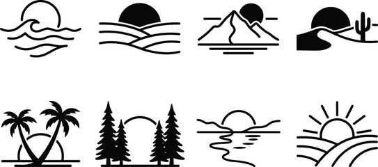Minimalist black silhouette icons of sunrise and sunset scenes with ocean waves, hills, mountains, desert, palm trees, pine forest, river, and farmland © Niheranjan