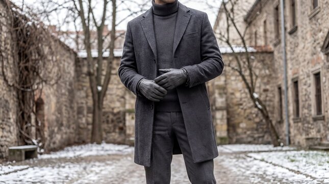 fashion attire, individual dressed in a sleek, monochromatic winter outfit striking a refined pose