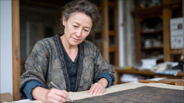 A middle-aged Asian woman with short, curly hair is painting on a large piece of paper in a well-lit studio filled with art supplies.