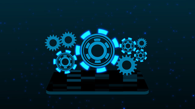 Blue gears above black tablet on digital background. Blue gears for industrial machine design. Blue gears animation showing mobile device integration and mechanical engineering concepts.