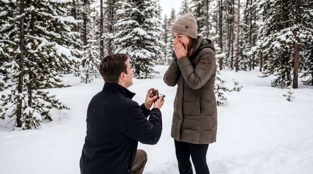 winter proposal idea, a couple enjoys a heartfelt proposal in the snowy winter forest
