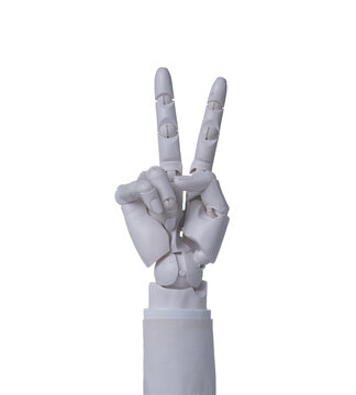 Close-up of white mechanical hand gesturing peace sign with futuristic style