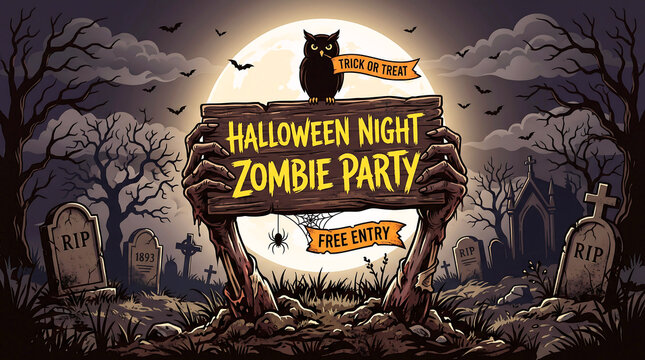 Spooky zombie hands rising from the dark earth holding a wooden sign for a halloween night party event with a perched owl under full moon