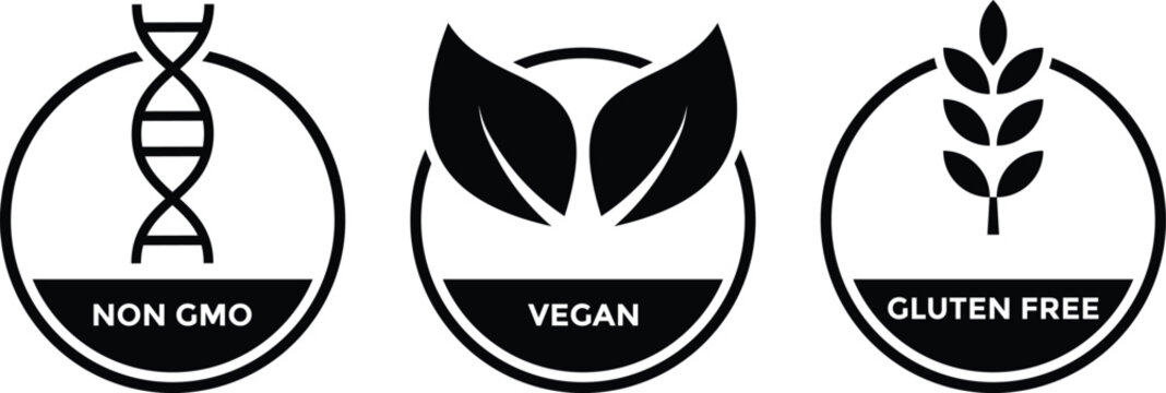 organic food packaging labels. Vegan, Non GMO, Gluten Free icon set. Healthy and allergen free products. black nutrition pictograms
